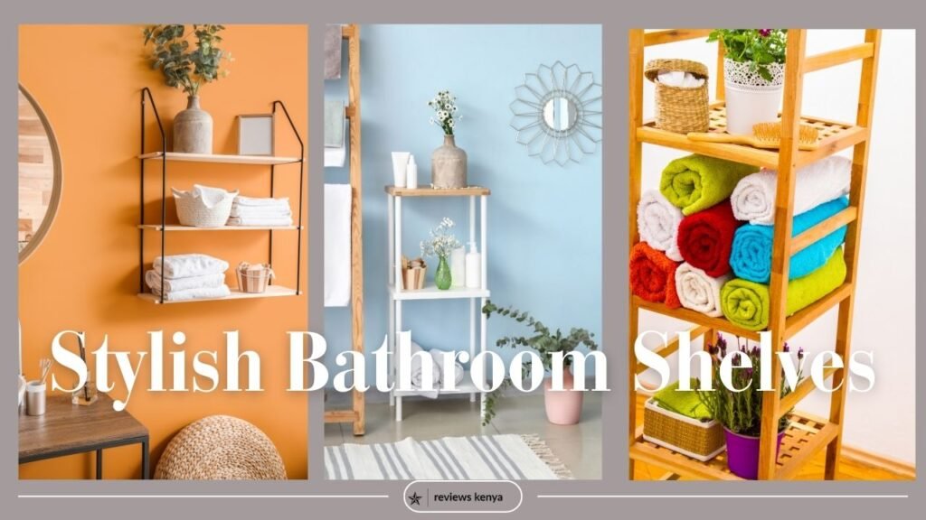 A modern bathroom featuring stylish floating and ladder shelves.